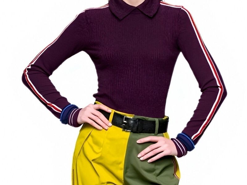 s092Deep Purple Contrast Tape Polo Collar Knit Top
