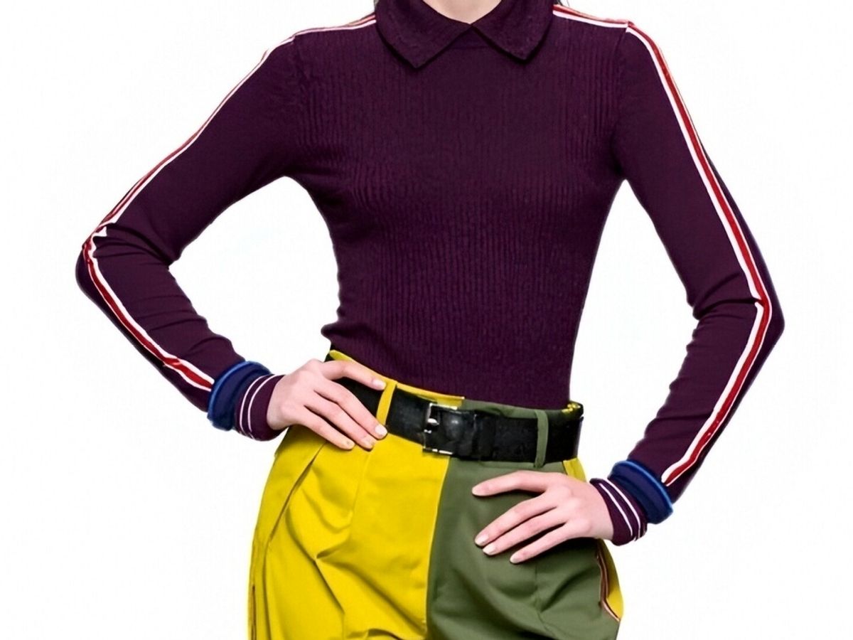 s092Deep Purple Contrast Tape Polo Collar Knit Top