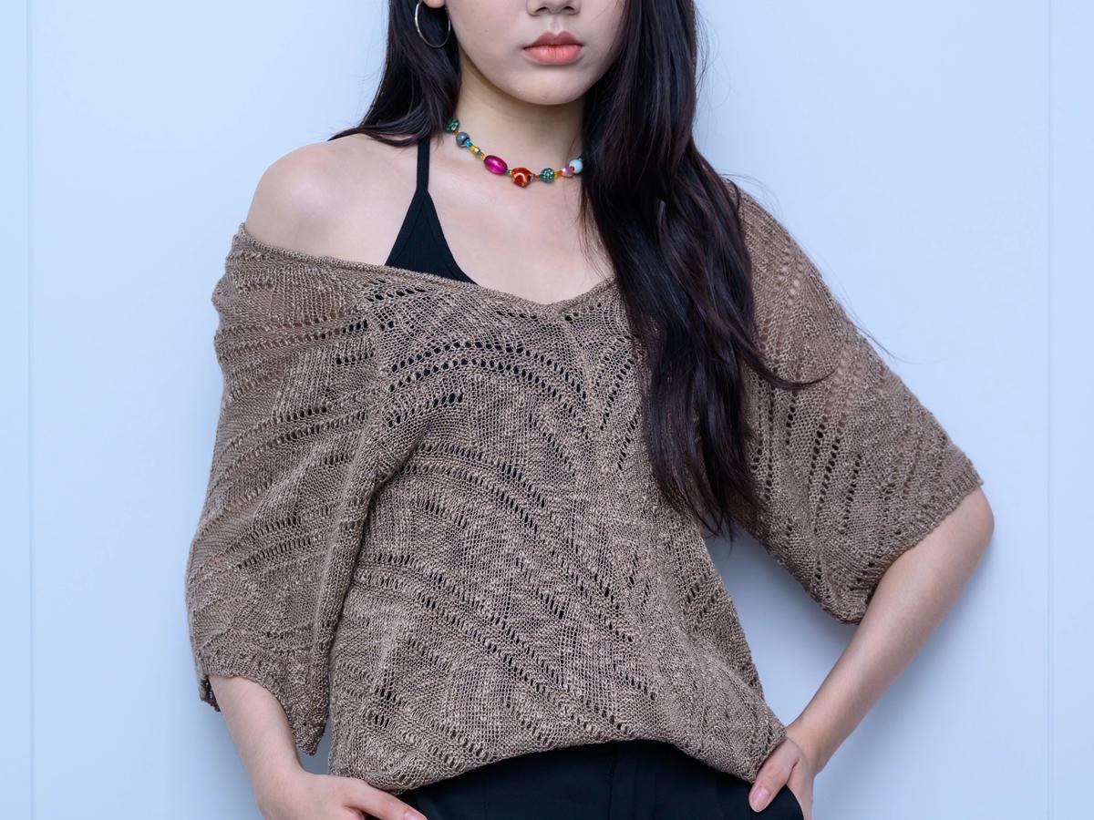 s027Coffee Brown Diagonal Hollow-Out Off-Shoulder Knit Top