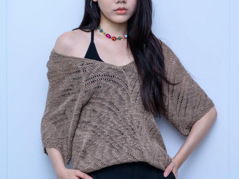 s027Coffee Brown Diagonal Hollow-Out Off-Shoulder Knit Top