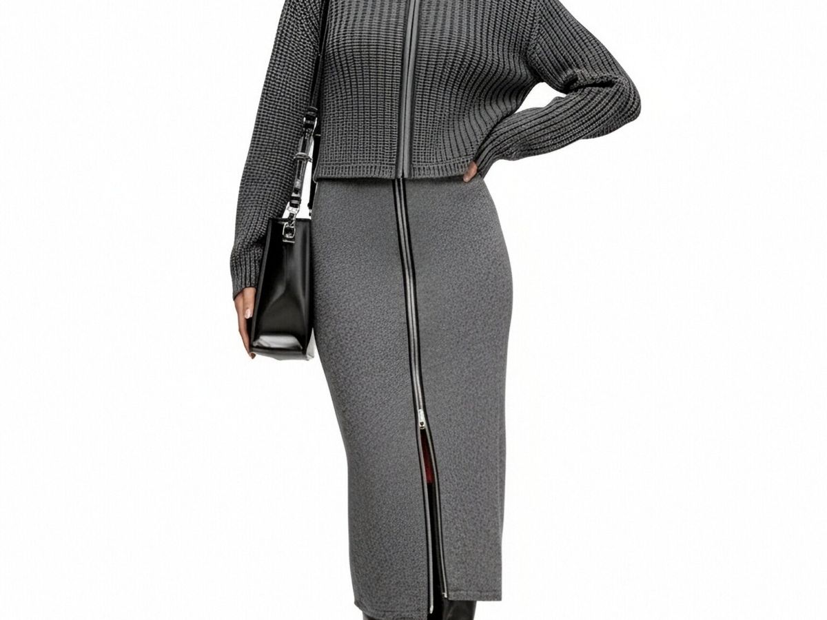 s078Charcoal Textured Zip-Up Knit Set