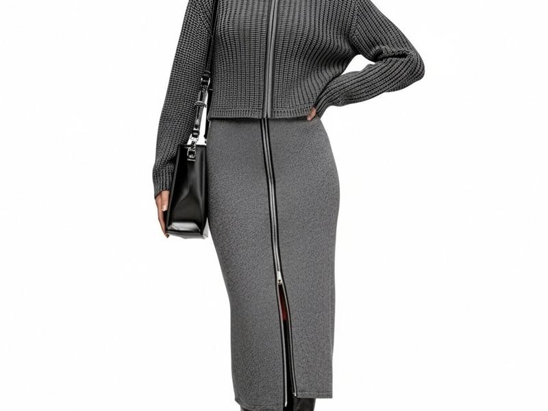s078Charcoal Textured Zip-Up Knit Set