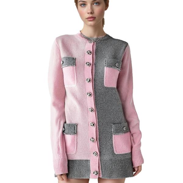 s074Pink & Grey Asymmetric Tweed-Style Knit Cardigan Dress 2
