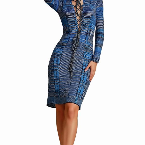 s090Blue & White Woven Lace-Up Knit Dress 2