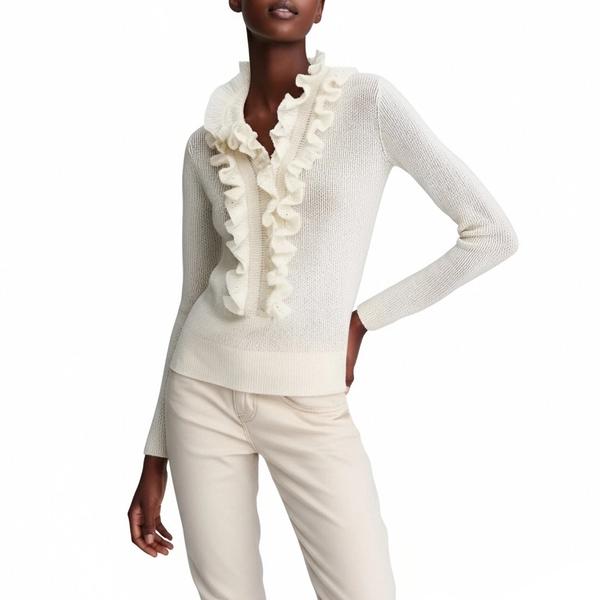 s083Off-White Ruffled V-Neck Knit Top 4