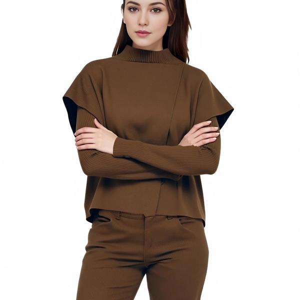 s104Coffee Brown Layered Mock Neck Knit Set 4
