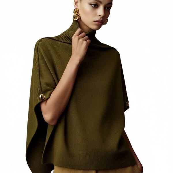 s103Olive Green Turtleneck Cape Knit Top 3