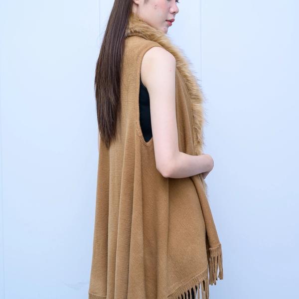 s040Caramel Brown Faux Fur Collar Fringe Knit Vest 5