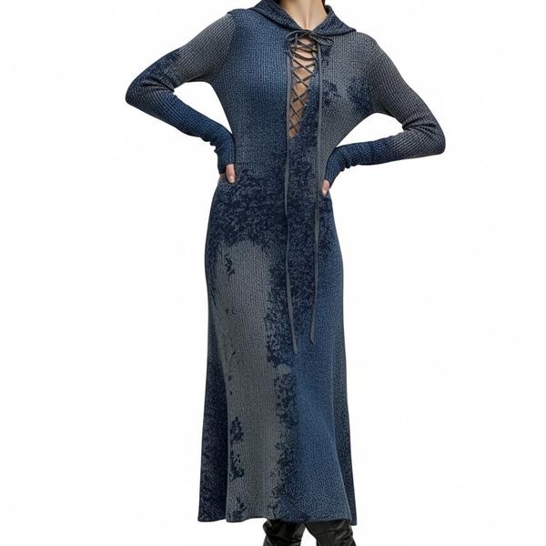 s091Blue-Grey Tie-Dye Hooded Lace-Up Knit Maxi Dress 2