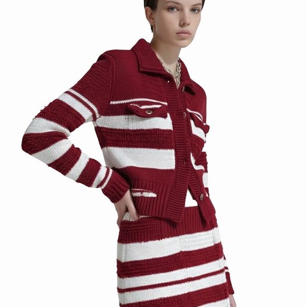 s065Burgundy & White Contrast Stripe Collared Knit Co-ord Set 2