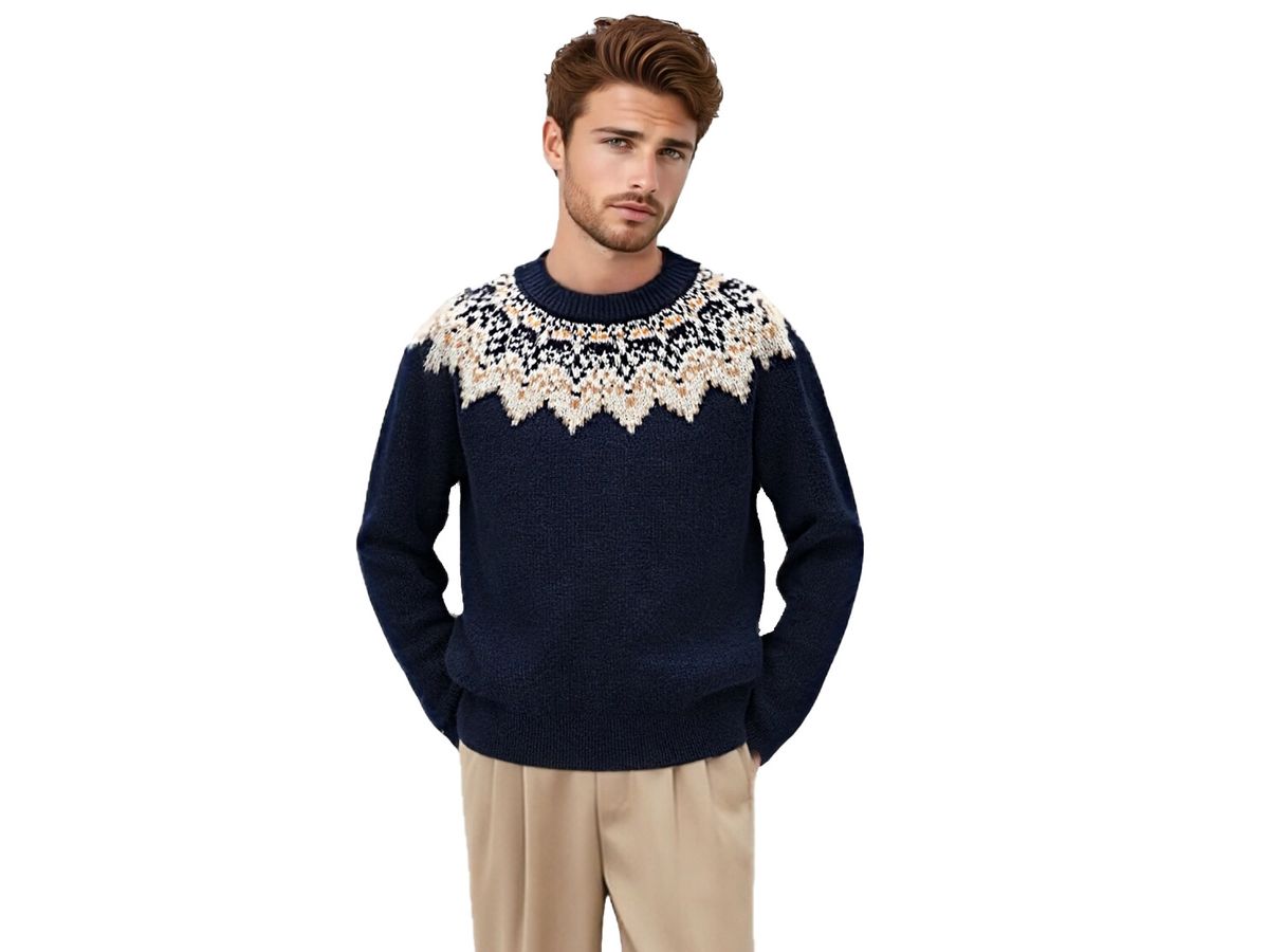m017Navy Winter Fair Isle Jacquard Crewneck Sweater