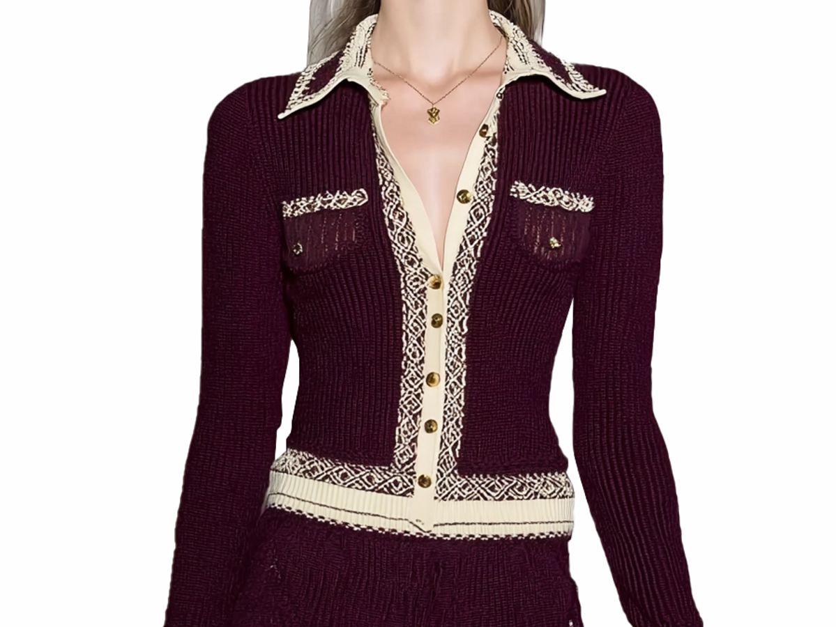 s066Burgundy & Off-White Contrast Jacquard Collared Knit Co-ord Set