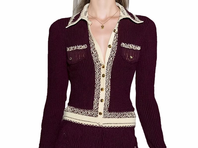 s066Burgundy & Off-White Contrast Jacquard Collared Knit Co-ord Set