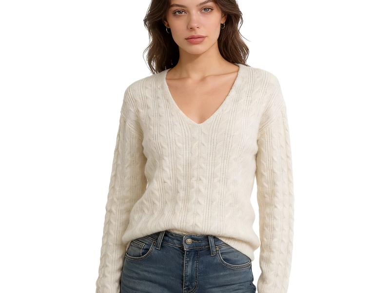 Beige Apricot V-Neck Cable-Knit Sweater