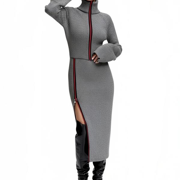 s079Grey Contrast Zip-Up Turtleneck Knit Set 2
