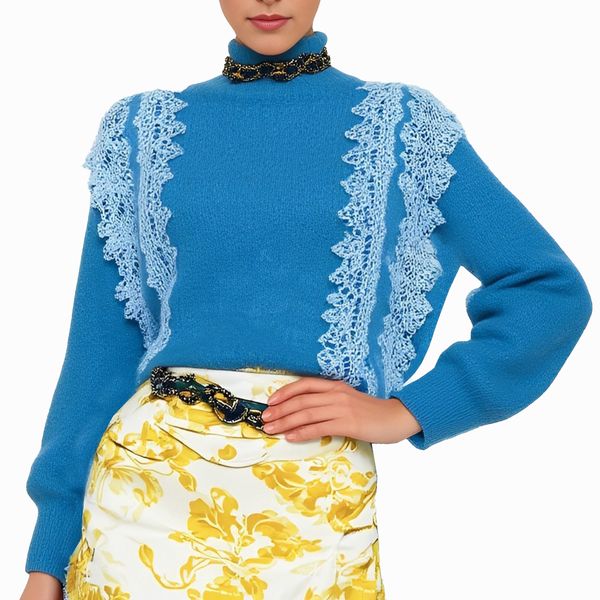 s068Klein Blue Diagonal Lace Panel Mock Neck Knit Sweater 4