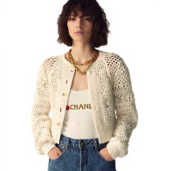 s101Off-White Crochet Knit Tweed-Style Cardigan 3