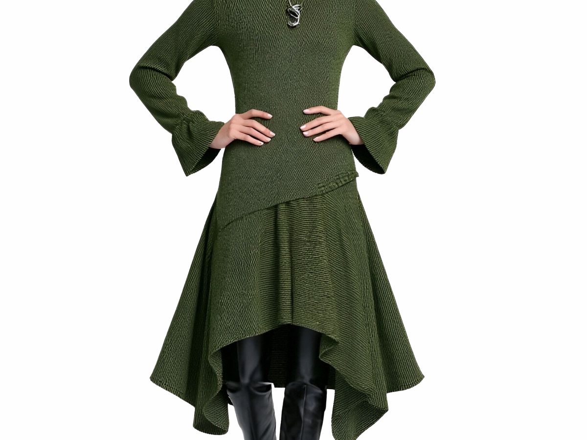 s070Military Green Textured Turtleneck Asymmetric Hem Knit Dress