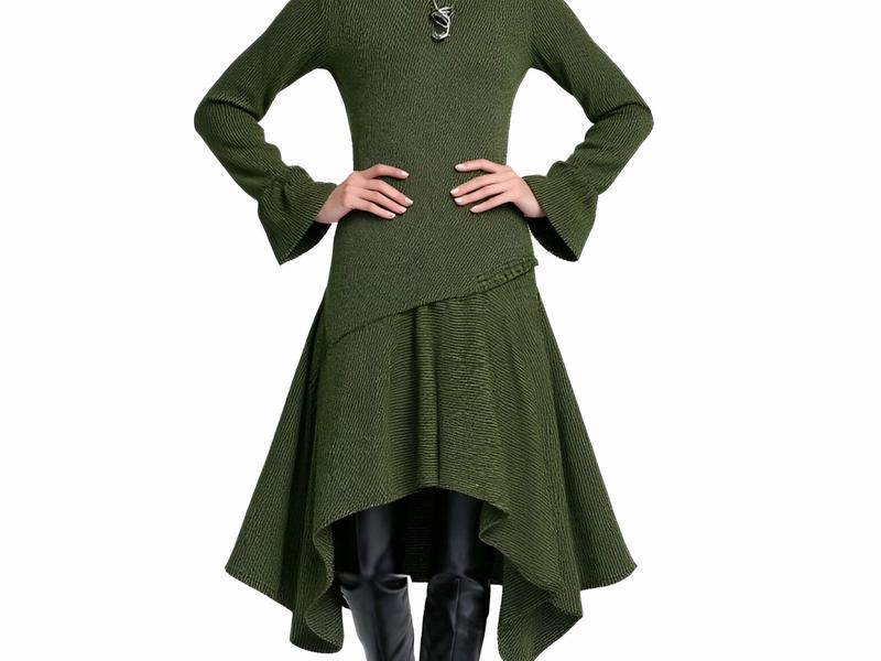 s070Military Green Textured Turtleneck Asymmetric Hem Knit Dress
