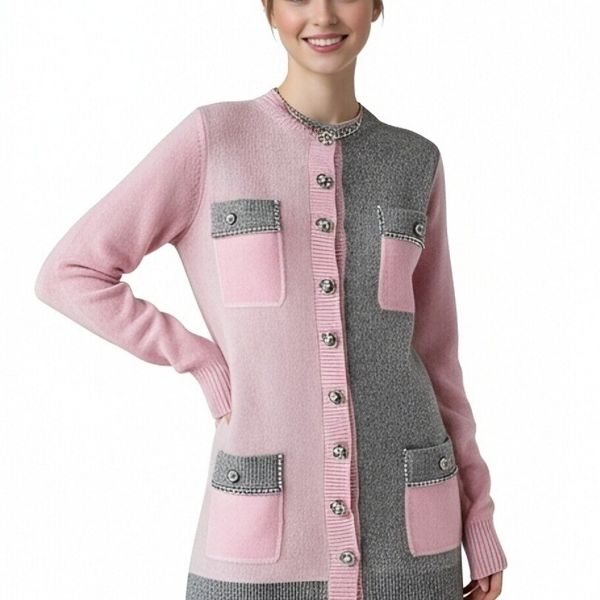 s074Pink & Grey Asymmetric Tweed-Style Knit Cardigan Dress 3
