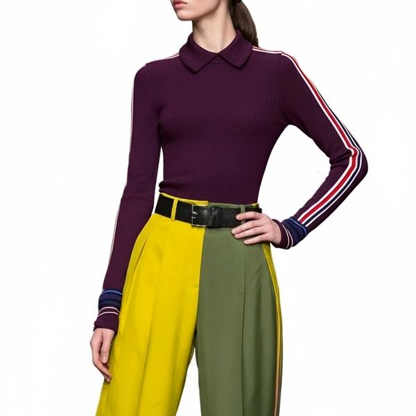s092Deep Purple Contrast Tape Polo Collar Knit Top 3