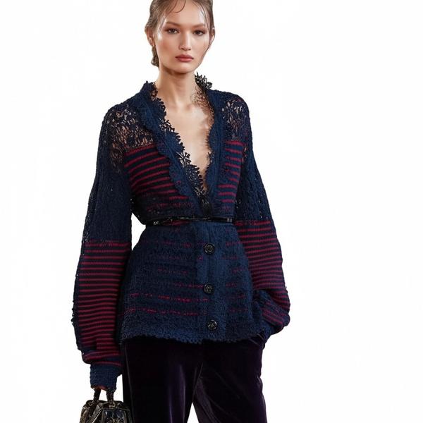 s058Navy Blue & Red Stripe Textured Lace V-Neck Knit Cardigan 2