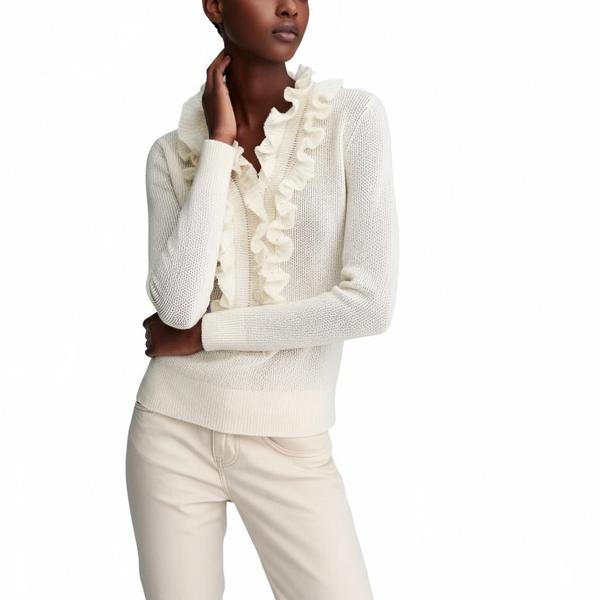 s083Off-White Ruffled V-Neck Knit Top 3