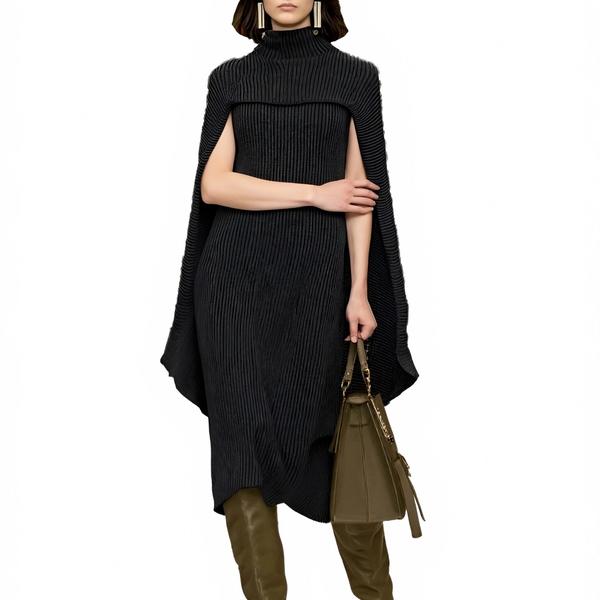 s081Black Ribbed Cape Knit Dress 2