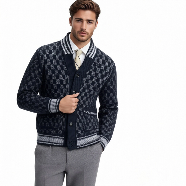 m014Navy Checkerboard Shawl Collar Knit Cardigan 2