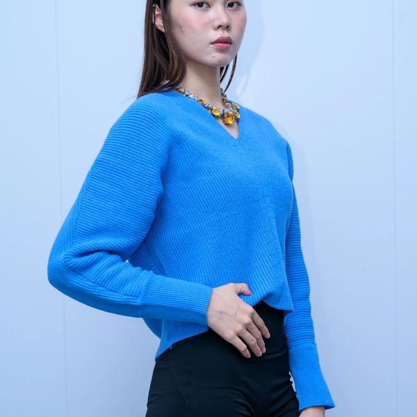 s053Klein Blue V-Neck Vertical Rib Knit Sweater 3