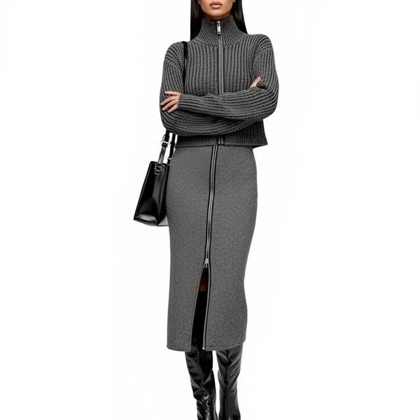 s078Charcoal Textured Zip-Up Knit Set 2