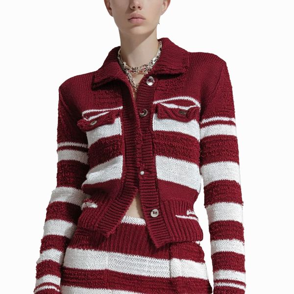s065Burgundy & White Contrast Stripe Collared Knit Co-ord Set 4