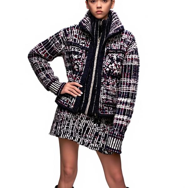 s063Navy Blue Multi-Color Speckled Tweed High-Neck Co-ord Set 3