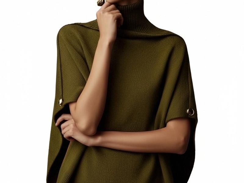 s103Olive Green Turtleneck Cape Knit Top