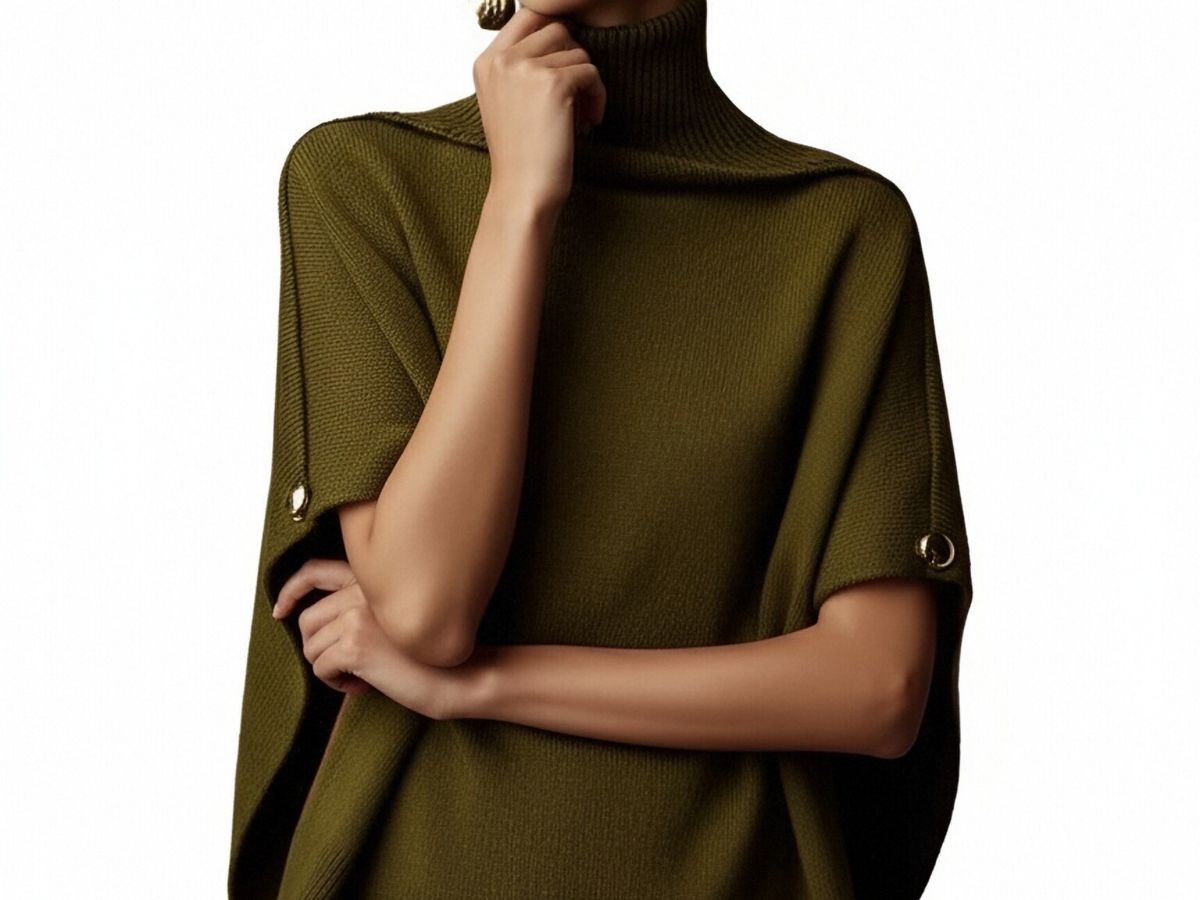 s103Olive Green Turtleneck Cape Knit Top
