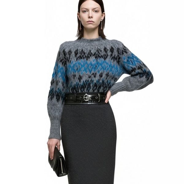 s056Misty Gray Icelandic Pattern Mohair Blend Crew Neck Sweater 3