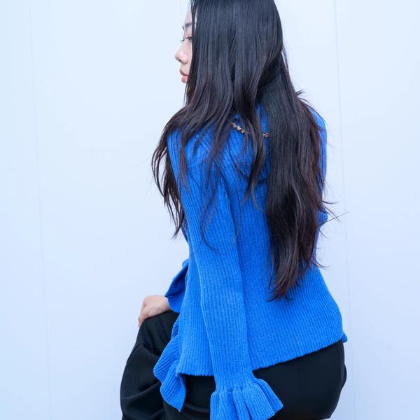s039Klein Blue Ruffled Drawstring Knit Cardigan 5