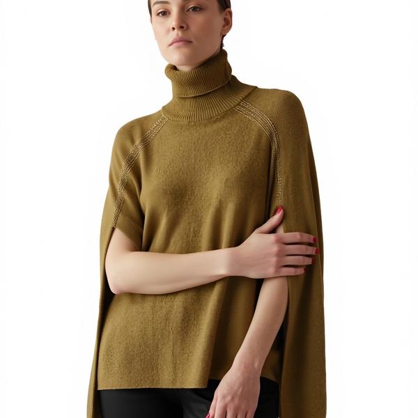 s102Mustard Green Turtleneck Cape Knit Top 2