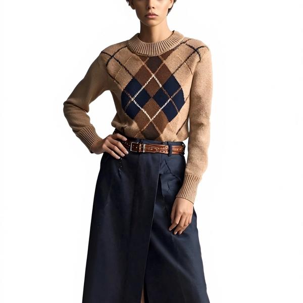 s095Camel Argyle Vintage Knit Sweater 2