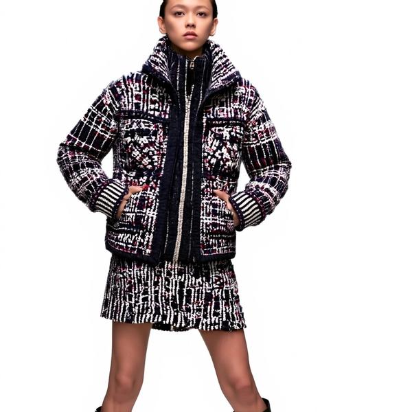 s063Navy Blue Multi-Color Speckled Tweed High-Neck Co-ord Set 4