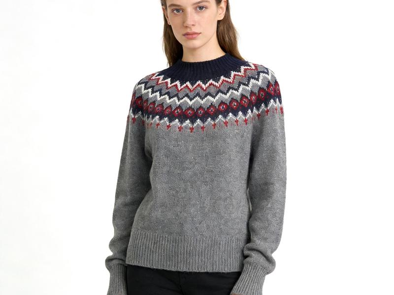 Grey Fair Isle Jacquard Mock Neck Knit Sweater
