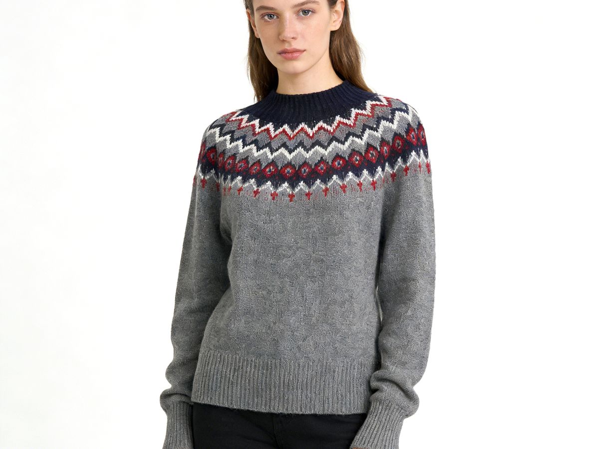 Grey Fair Isle Jacquard Mock Neck Knit Sweater