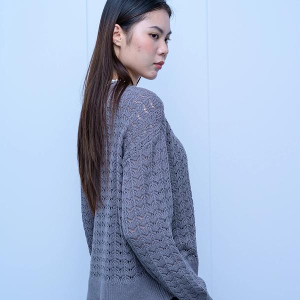 s048Misty Gray Wheat Ear Lace Crew Neck Knit Sweater 4