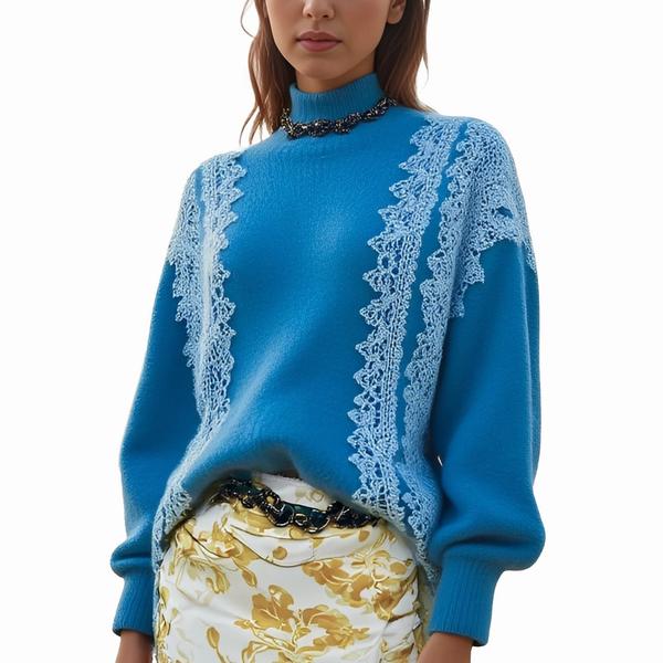 s068Klein Blue Diagonal Lace Panel Mock Neck Knit Sweater 2