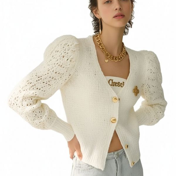 s100Off-White Crochet Puff Sleeve Knit Cardigan 3