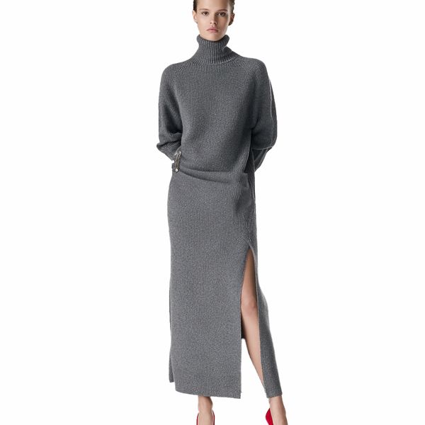 s071Charcoal Gray Vertical Ribbed Turtleneck Knit Co-ord Set 2