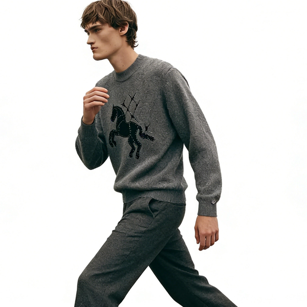 m028Starry Galloping Horse Flocked Beaded Crewneck Knit Sweater 3