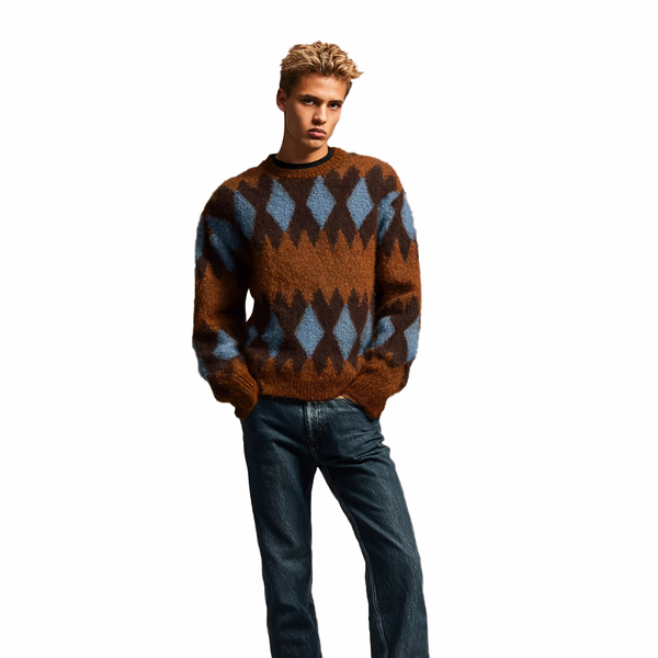 m015Brown & Blue Argyle Mohair Blend Crewneck Sweater 2