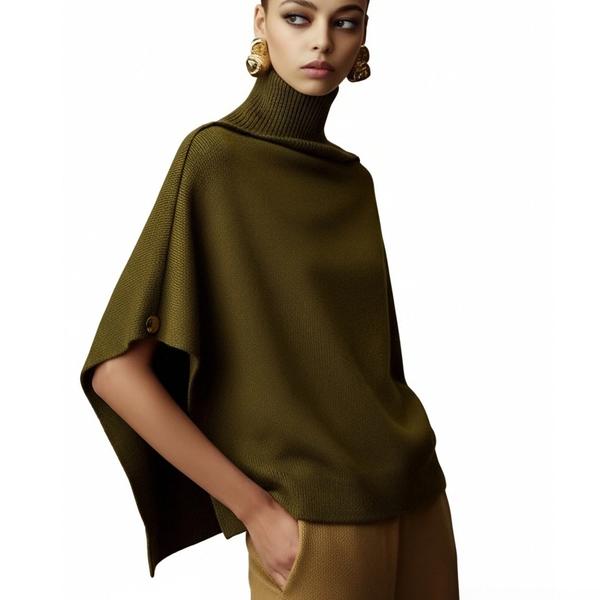 s103Olive Green Turtleneck Cape Knit Top 4