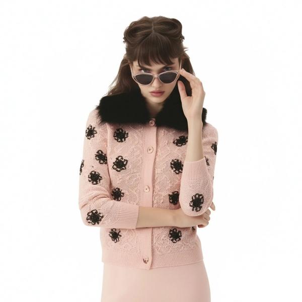 s099Sakura Pink 3D Floral Jacquard Furry Collar Knit Cardigan 2